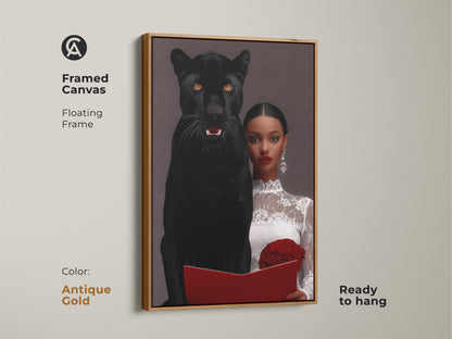 A framed canvas art print with a floating frame in antique gold. Ready to hang surrealist artwork of a woman with a black panther. This eclectic home decor art has a dark aesthetic. A unique gift for symbolism lovers.  Features photorealism animal art.