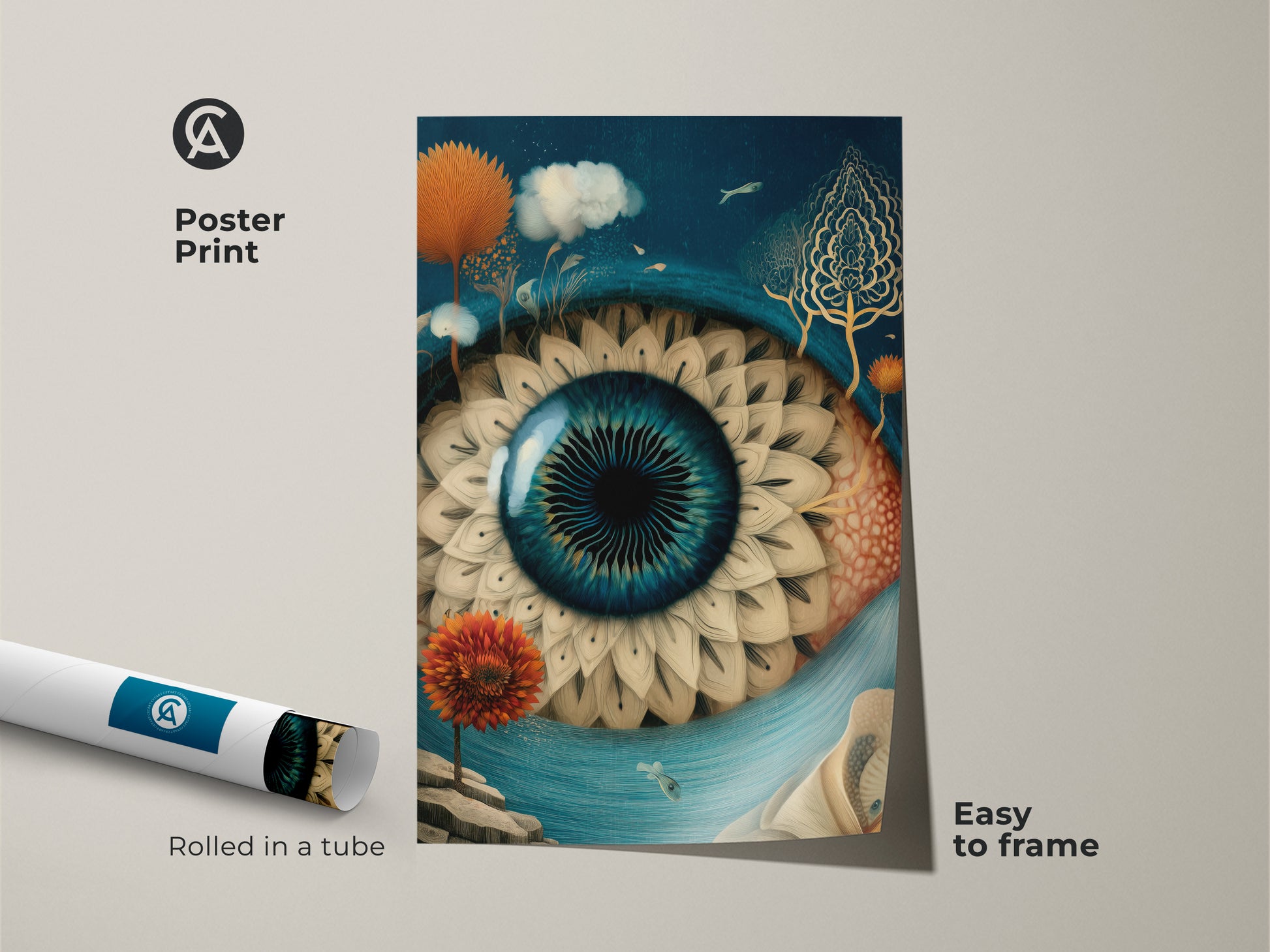 Poster print of a surreal eye. The artwork is rolled in a tube and easy to frame. Featuring deep blue and gold accents it makes a unique home office decor print. The eclectic wall hanging is ideal for art lovers and collectors.