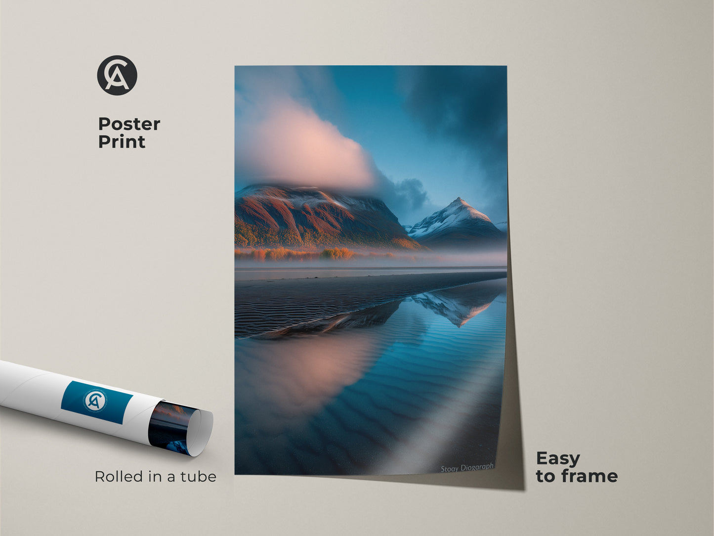 Poster print of a foggy mountain lake landscape rolled in a tube. This blue orange teal art is easy to frame. A nature photography print perfect for modern home decor.