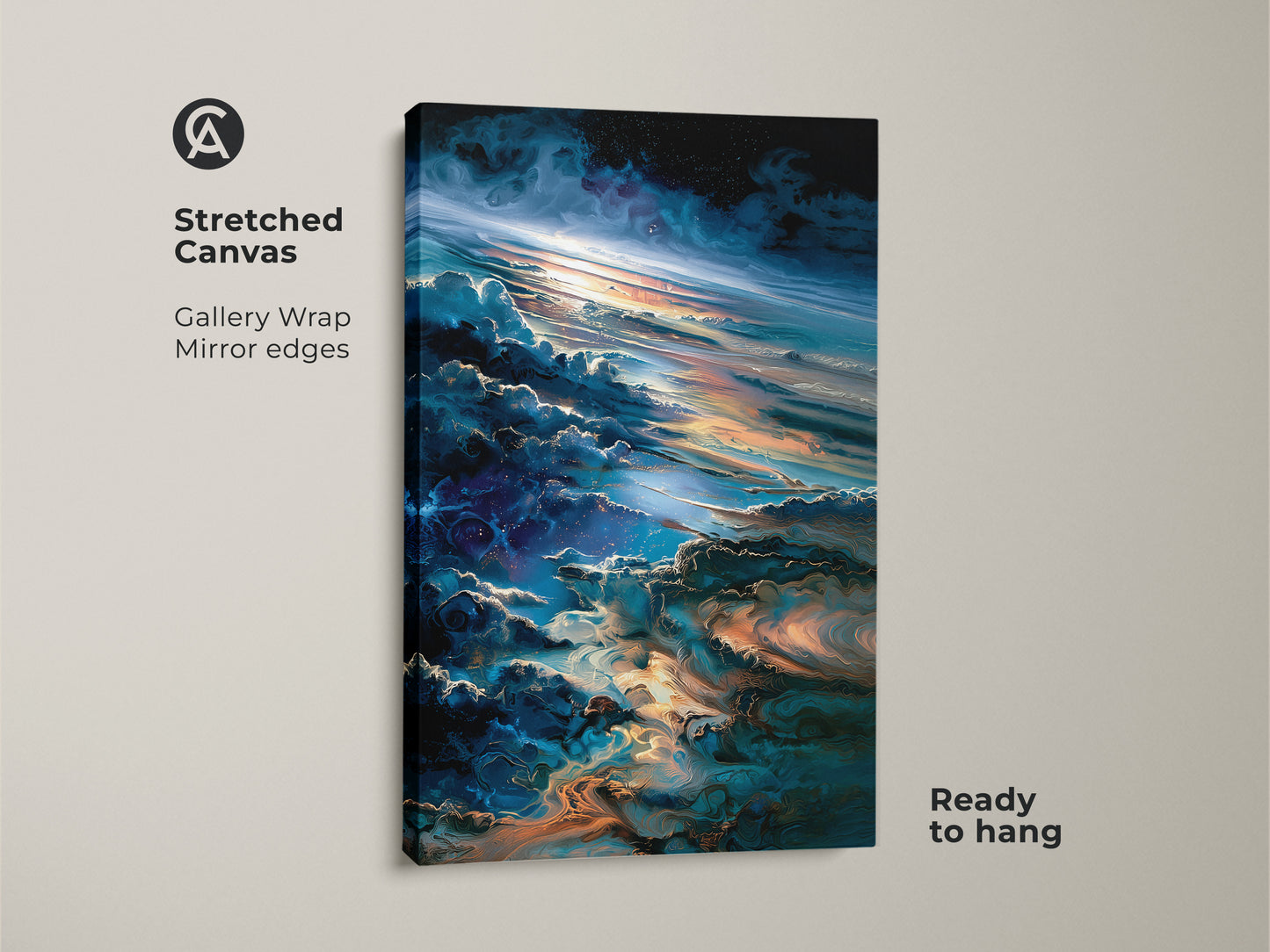 Stretched canvas art featuring a space cloudscape. The gallery wrap with mirrored edges creates a modern look. Ready to hang this canvas in any room. The artwork captures the beauty of a nebula. Purchase this cosmic canvas art for an easy decorating solution.
