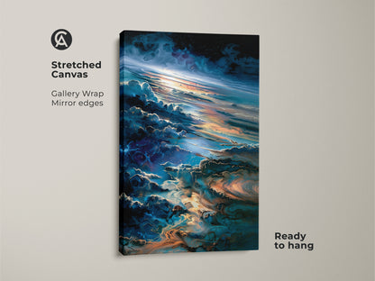 Stretched canvas art featuring a space cloudscape. The gallery wrap with mirrored edges creates a modern look. Ready to hang this canvas in any room. The artwork captures the beauty of a nebula. Purchase this cosmic canvas art for an easy decorating solution.