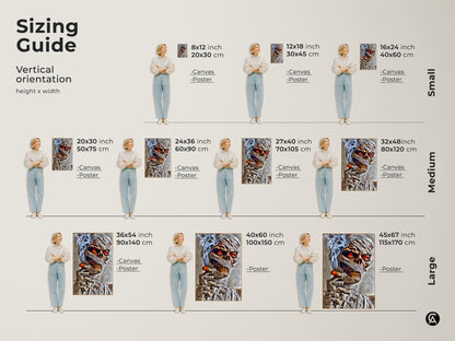 View the sizing guide for dark fantasy mummy artwork. See how the gothic horror wall decor looks in various sizes. From small to large options are available in canvas and poster prints. Each mummy has glowing red eyes.