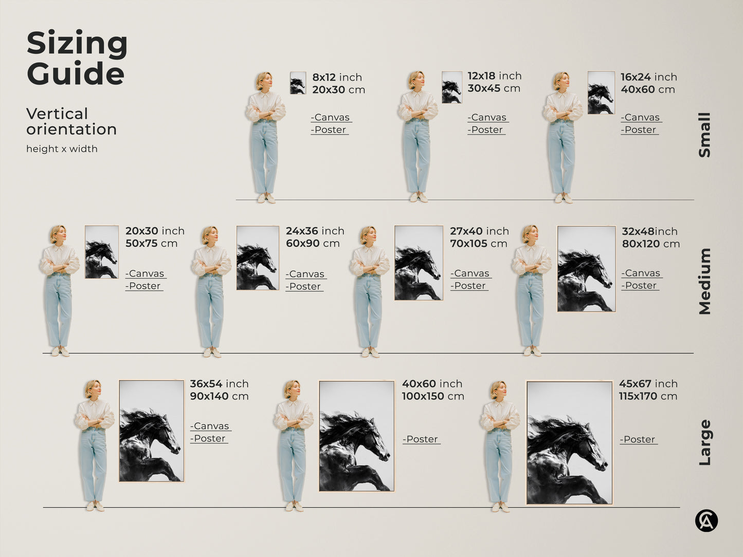 Sizing guide for vertical black and white equine art prints. Options include canvas and poster prints in small medium and large sizes. Find the perfect fit for your space. This galloping horse canvas print enhances any contemporary bedroom art. Ideal equestrian home decor.
