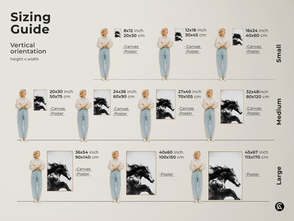 Sizing guide for vertical black and white equine art prints. Options include canvas and poster prints in small medium and large sizes. Find the perfect fit for your space. This galloping horse canvas print enhances any contemporary bedroom art. Ideal equestrian home decor.