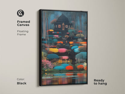 Framed canvas showcasing an eclectic temple garden. The black floating frame enhances the colorful landscape art. It's ready to hang and makes a stunning addition. Perfect as a housewarming gift or for travel themed decor.