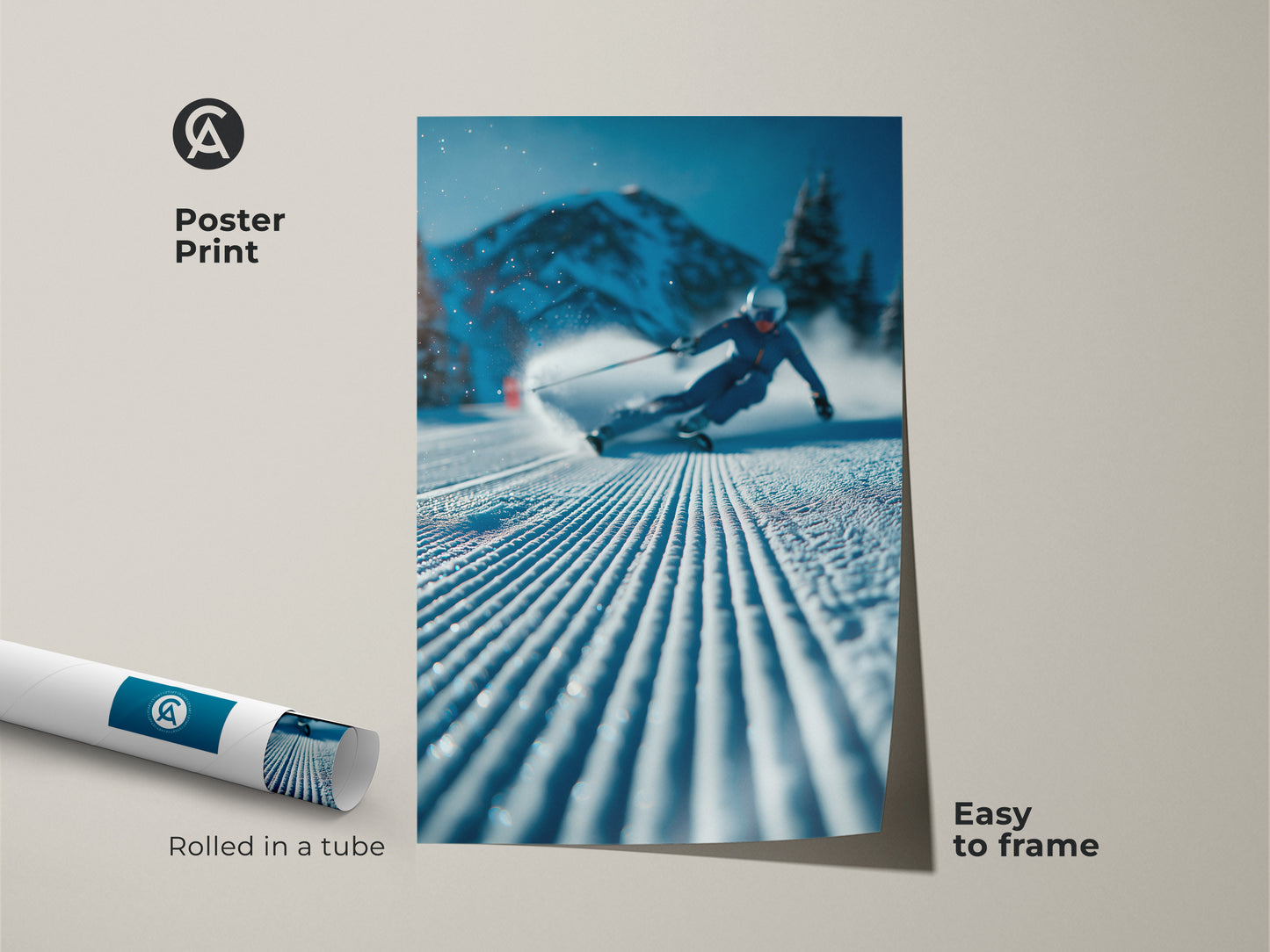 Poster print of a skier descending a mountain slope. This art piece is a great addition to any space. Rolled in a tube for easy framing this poster captures the energy and excitement of winter sports. Enhance your walls with this vibrant skiing artwork.