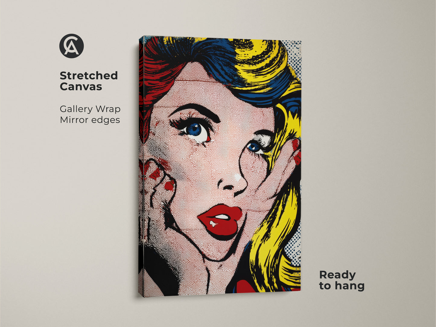 Gallery wrapped stretched canvas featuring Pop Art Woman. This piece has mirrored edges and is ready to hang. The artwork showcases a woman with iconic pop art style. With bold colors and a comic-inspired aesthetic it's a striking addition to modern art collections