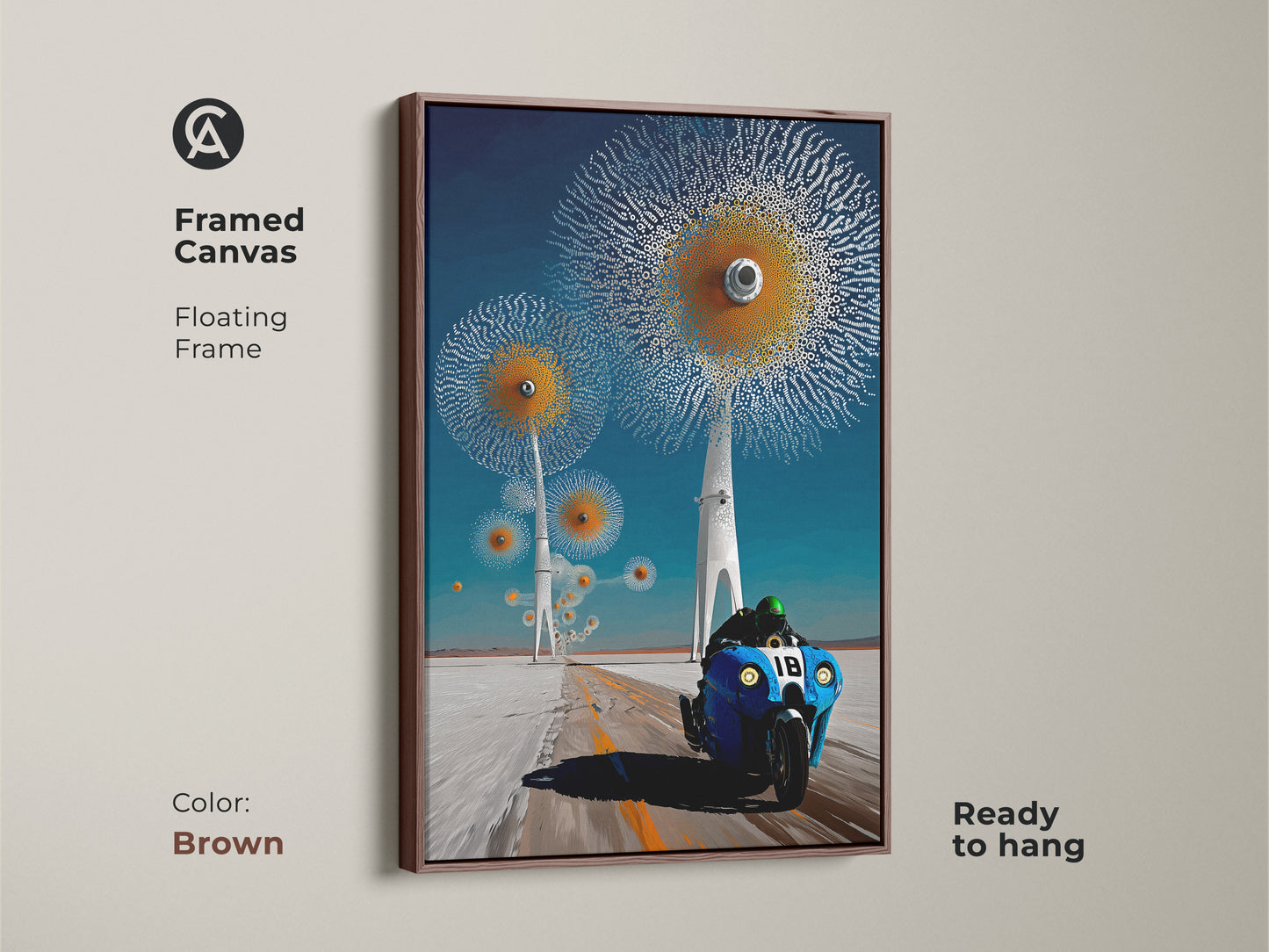 This framed canvas features a surreal motorcycle with abstract dandelion art. The brown floating frame enhances this futuristic blue orange art. Ready to hang this contemporary art print adds a modern surrealism art touch to any room.