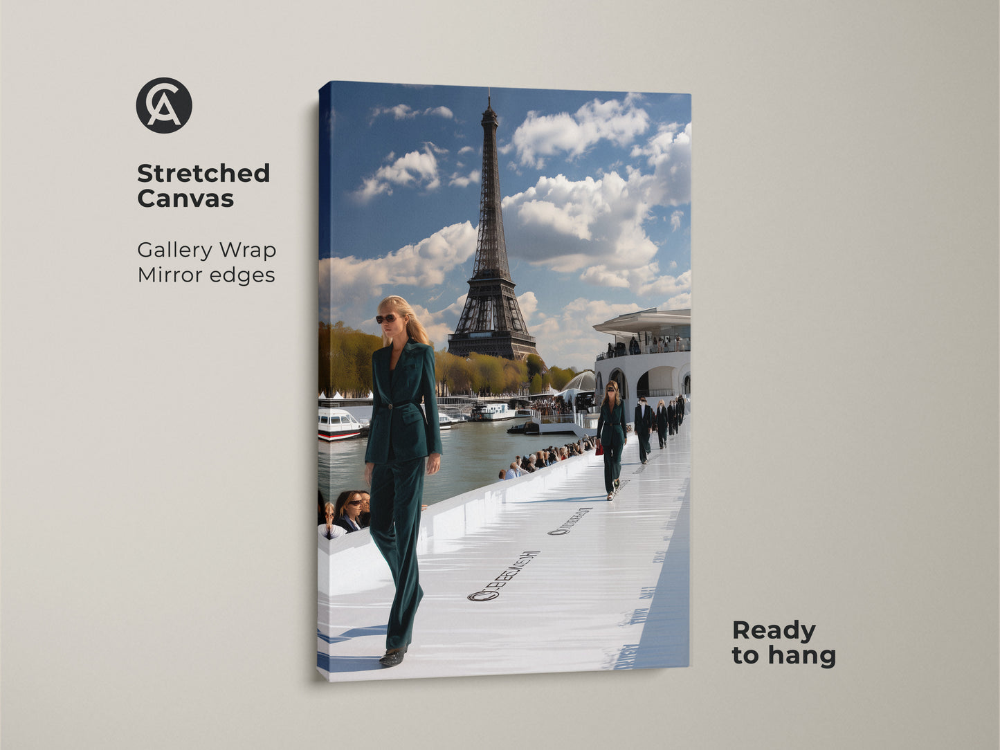 Stretched canvas print of a Paris fashion show. The gallery wrap with mirror edges enhances the contemporary artwork. It features models in teal green outfits with the Eiffel Tower. This ready to hang piece adds a touch of Parisian glamour to your home or office decor. A perfect gift for Francophiles.