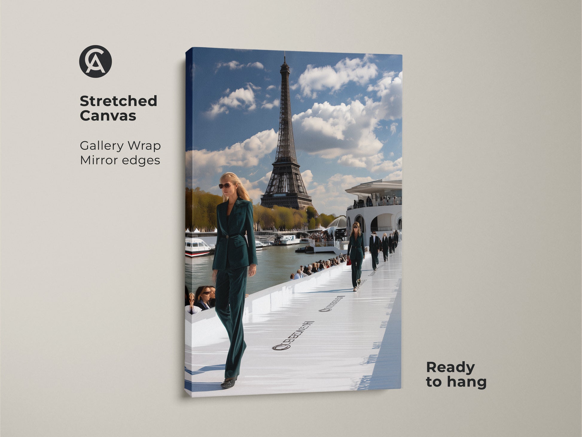 Stretched canvas print of a Paris fashion show. The gallery wrap with mirror edges enhances the contemporary artwork. It features models in teal green outfits with the Eiffel Tower. This ready to hang piece adds a touch of Parisian glamour to your home or office decor. A perfect gift for Francophiles.