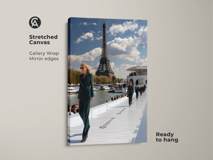 Stretched canvas print of a Paris fashion show. The gallery wrap with mirror edges enhances the contemporary artwork. It features models in teal green outfits with the Eiffel Tower. This ready to hang piece adds a touch of Parisian glamour to your home or office decor. A perfect gift for Francophiles.
