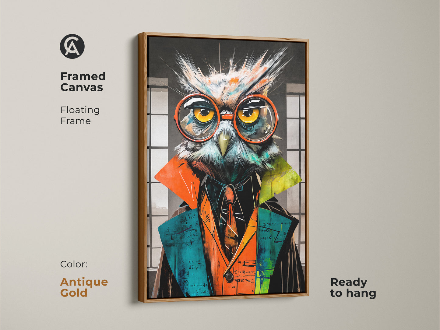 Framed canvas featuring the professor owl in antique gold. This animal art with glasses is ready to hang. The canvas presents an abstract math owl art which looks stunning in a study room or office. This makes a unique professor gift.
