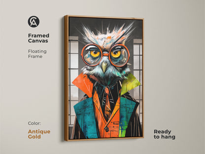 Framed canvas featuring the professor owl in antique gold. This animal art with glasses is ready to hang. The canvas presents an abstract math owl art which looks stunning in a study room or office. This makes a unique professor gift.