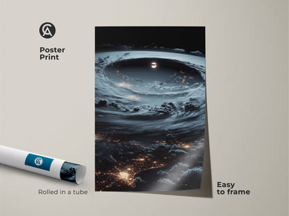 Poster print of Earth's city lights from space. The surreal storm artwork is easy to frame. Rolled in a tube for protection. Deep blue and gray tones create a calming effect. This astronomy art is perfect for science fiction fans. A unique piece of night sky wall decor.