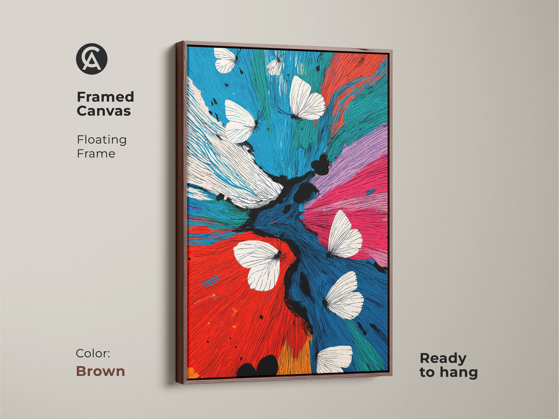 Framed canvas displays abstract butterfly art with a floating brown frame. The contemporary floral piece uses red blue teal hues. The nature insect motif complements eclectic wall art. A vibrant abstract painting is ready to hang. This fine art print is a gift for art lovers.