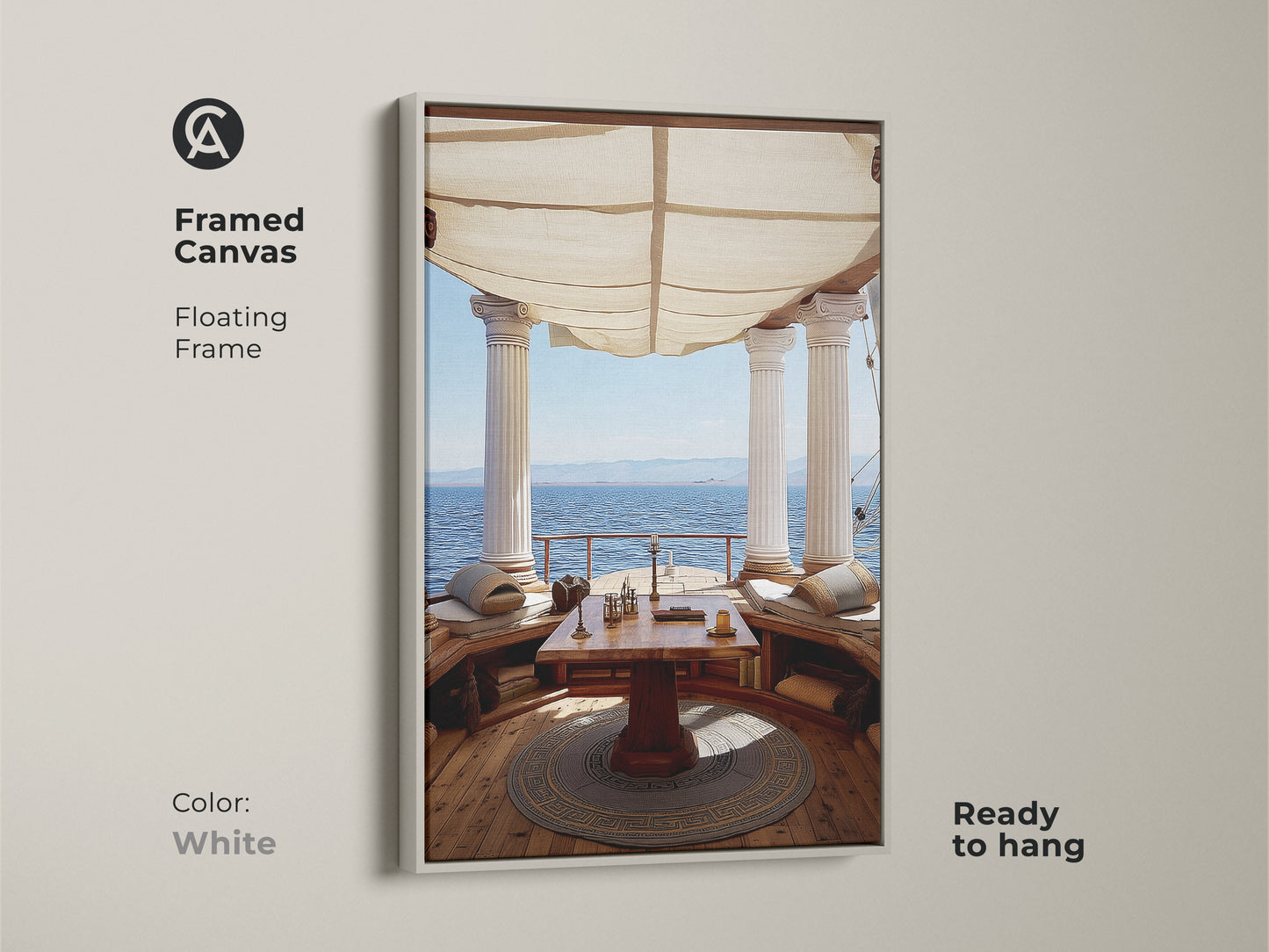 Framed Canvas floating frame in White showcasing Classical Columns Art. Mediterranean Ocean View Wall Art for Study Room. Tan and Blue Art Decor is ready to hang. Coastal Living.