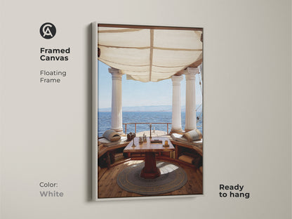 Framed Canvas floating frame in White showcasing Classical Columns Art. Mediterranean Ocean View Wall Art for Study Room. Tan and Blue Art Decor is ready to hang. Coastal Living.