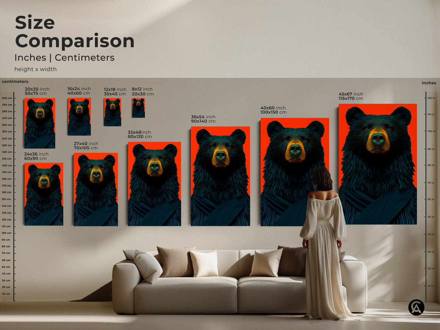 Size comparison of the black bear line art print. See how different sizes enhance your space above the couch. Available in various sizes for perfect living room or office decor.