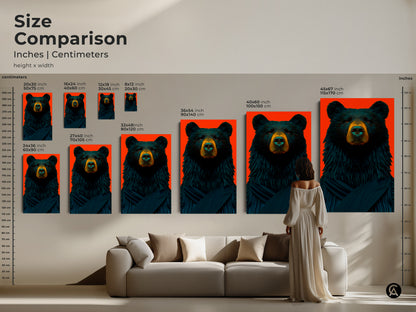 Size comparison of the black bear line art print. See how different sizes enhance your space above the couch. Available in various sizes for perfect living room or office decor.
