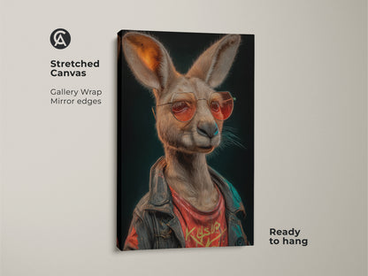 A stretched canvas print shows a kangaroo in a biker jacket. This retro streetwear wall art is ready to hang. It's an eclectic animal art piece. The mirror edges add to the gallery wrap. This is a cool dad birthday gift.