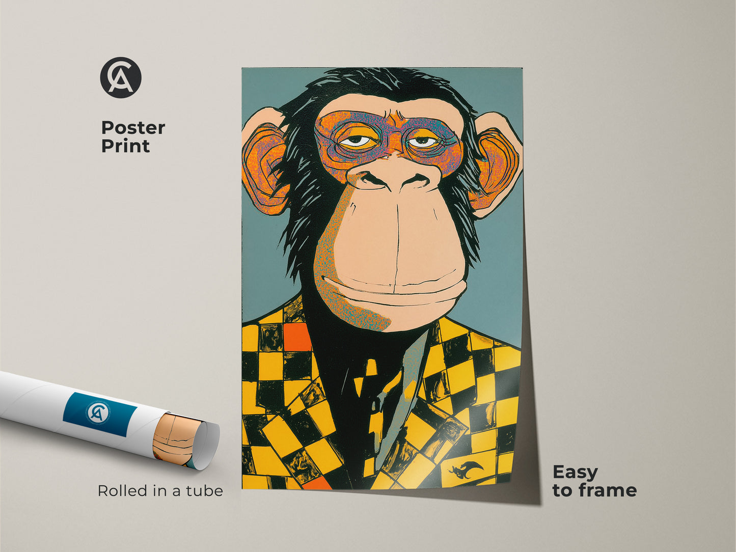 Poster print featuring a monkey in a checker blazer. Rolled in a tube for protection this art is easy to frame. This museum-quality paper ensures vibrant colors and sharp details. Perfect for adding a playful touch to your gallery wall. 