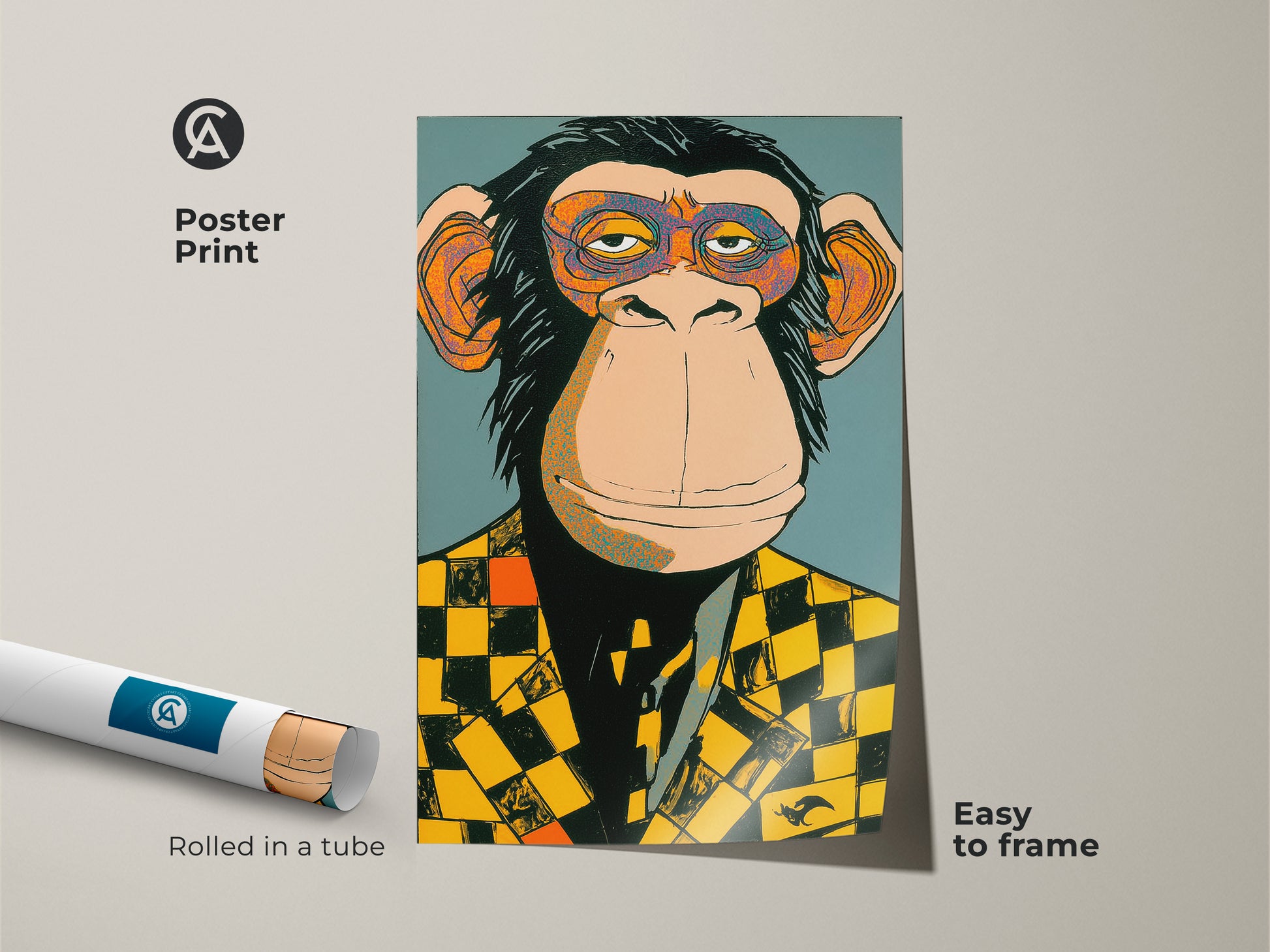 Poster print featuring a monkey in a checker blazer. Rolled in a tube for protection this art is easy to frame. This museum-quality paper ensures vibrant colors and sharp details. Perfect for adding a playful touch to your gallery wall. 