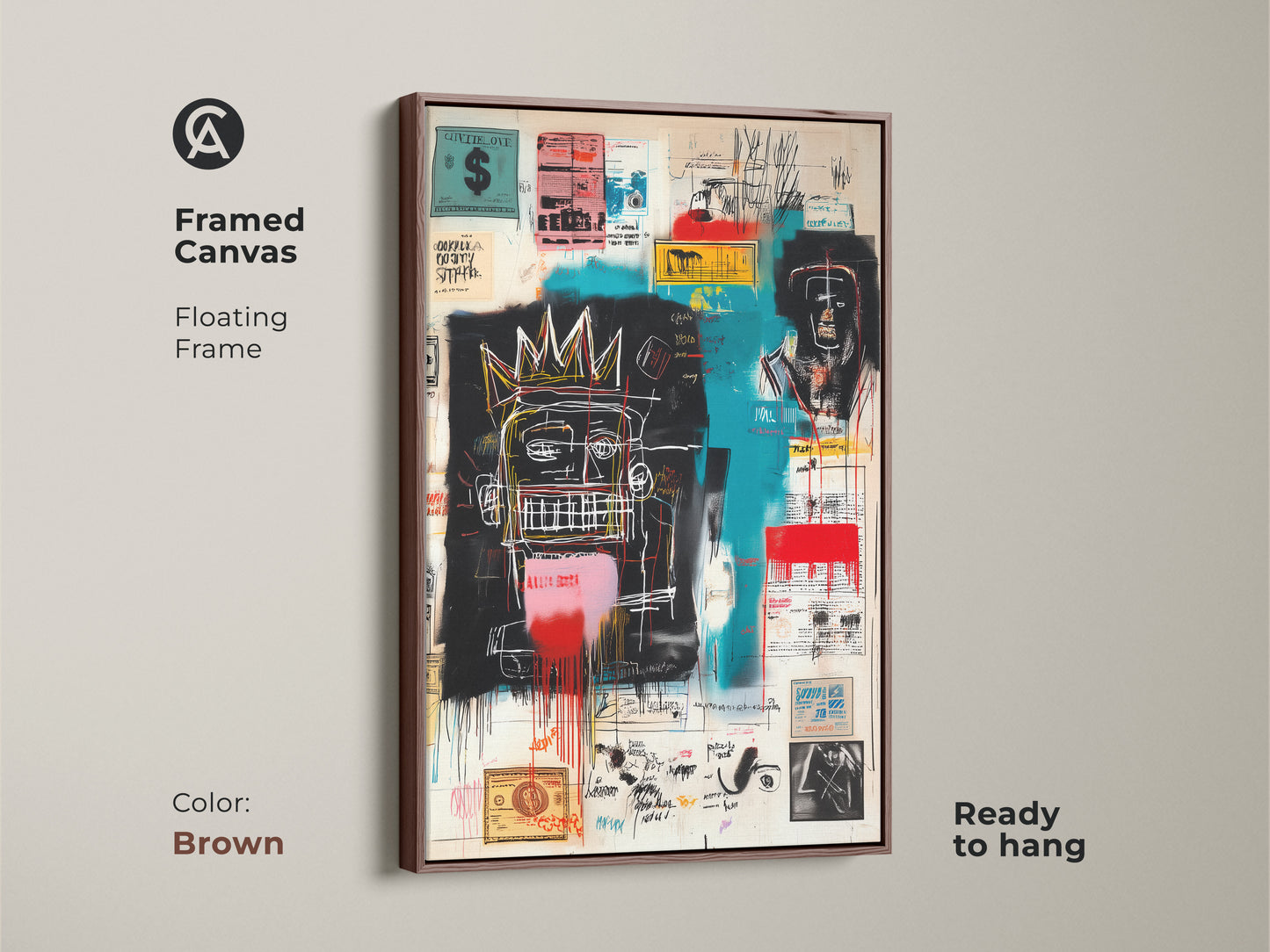 Framed canvas of Basquiat's unique artwork. Brown floating frame enhances the artwork. This is a ready-to-hang canvas print. Elevate your home decor with this iconic piece. Explore our framed art selection today.