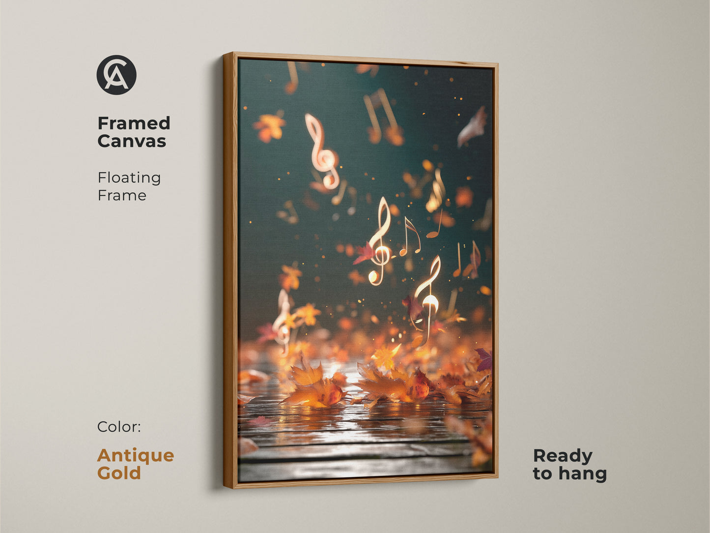 Framed canvas featuring abstract music notes art. This antique gold floating frame enhances the teal gold artwork. The canvas is ready to hang and adds an artistic touch to any room. Perfect for music lovers and those who appreciate autumn's beauty. Enhances study rooms and home music studios.