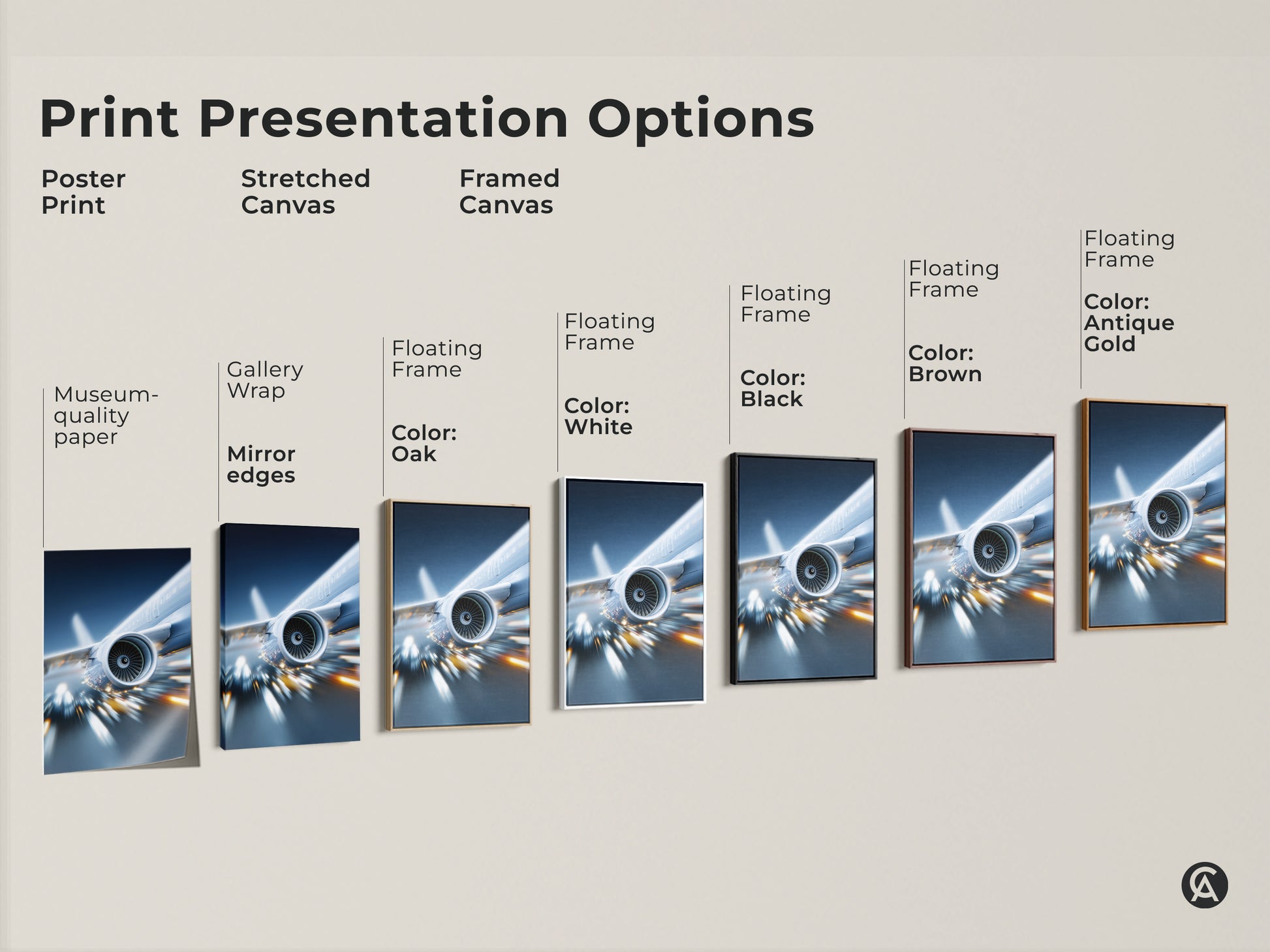 Print presentation options include poster stretched and framed canvas. Each displays the modern jet engine artwork in deep blue and silver. Choose the perfect style for your aviation art.
