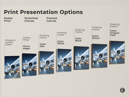 Print presentation options include poster stretched and framed canvas. Each displays the modern jet engine artwork in deep blue and silver. Choose the perfect style for your aviation art.