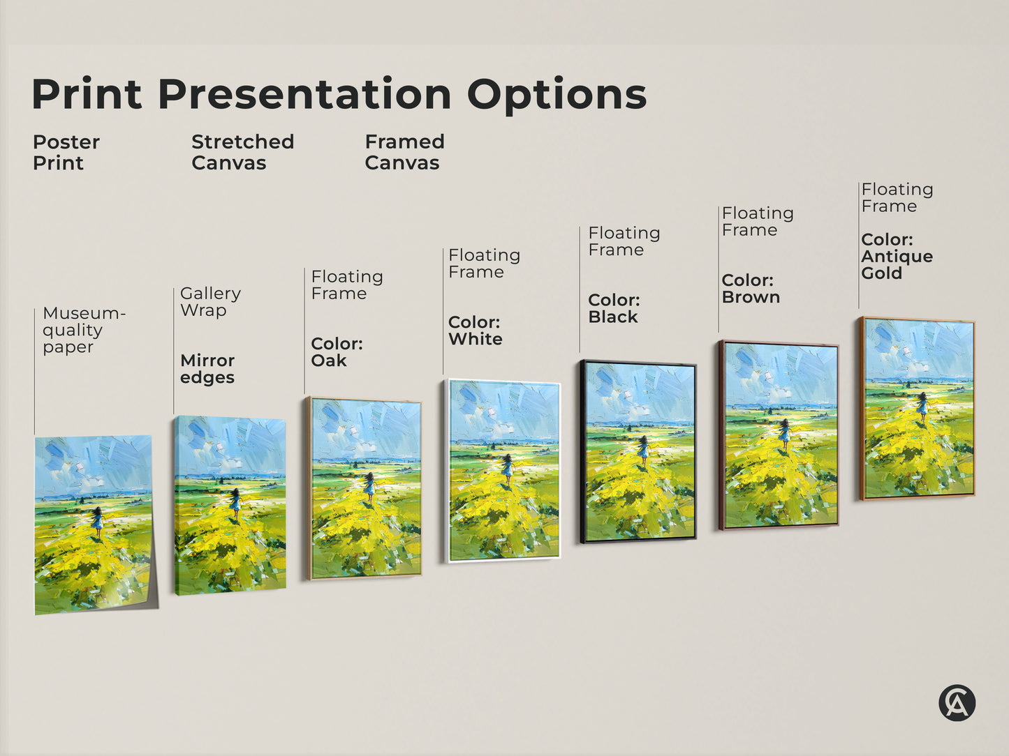 Explore print presentation options. Choose from poster prints stretched canvas or framed canvas. Options include museum-quality paper gallery wrap and floating frames. Select from frame colors like white black brown oak and antique gold to complement your artwork.