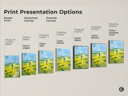 Explore print presentation options. Choose from poster prints stretched canvas or framed canvas. Options include museum-quality paper gallery wrap and floating frames. Select from frame colors like white black brown oak and antique gold to complement your artwork.