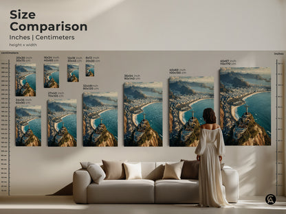 Size comparison of Christ the Redeemer art prints. View the artwork in various dimensions. Sizes range from 8x12 inch to 45x67 inch. See how each size enhances a living room setting. Find the perfect scale for your Rio de Janeiro cityscape canvas or poster.