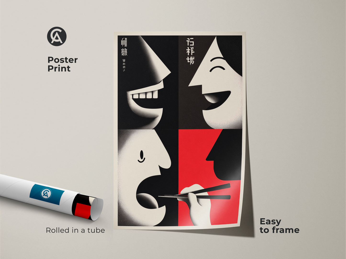 The Poster Print version of our Faces & Chopsticks Canvas Print is easy to frame. This Mid-Century Modern art print enhances any room. Red Black White canvas is a foodie gift idea. It brings a modern faces poster to your space. 