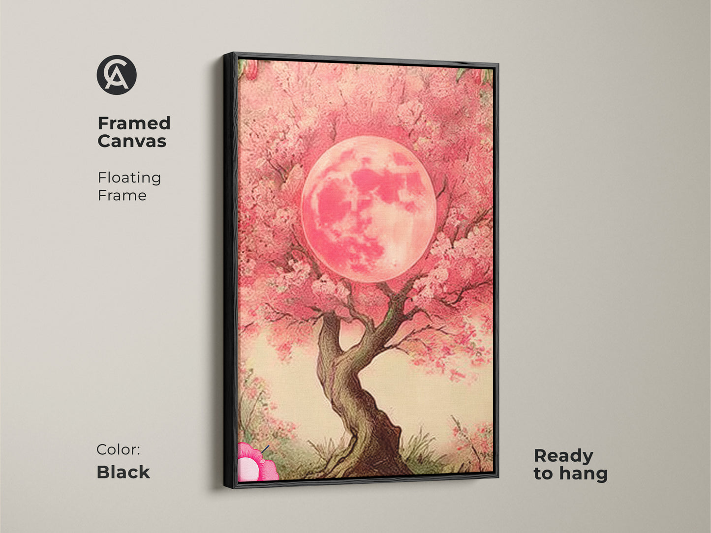 Black framed canvas of a Pink Moon Tree. The floating frame enhances the fuchsia floral nature art. Ready to hang dreamy botanical wall decor. It creates a unique bohemian accent.