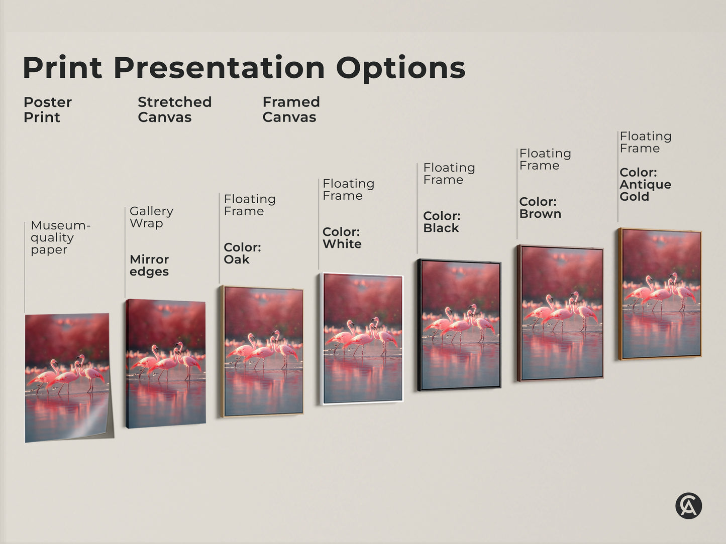 Explore various print presentation options for flamingo artwork. Choose from poster print stretched canvas or framed canvas. Options include museum-quality paper gallery wrap and floating frames. Available in oak white black brown and antique gold. Perfect coastal decor for any room. Enhance your space with nature inspired art.