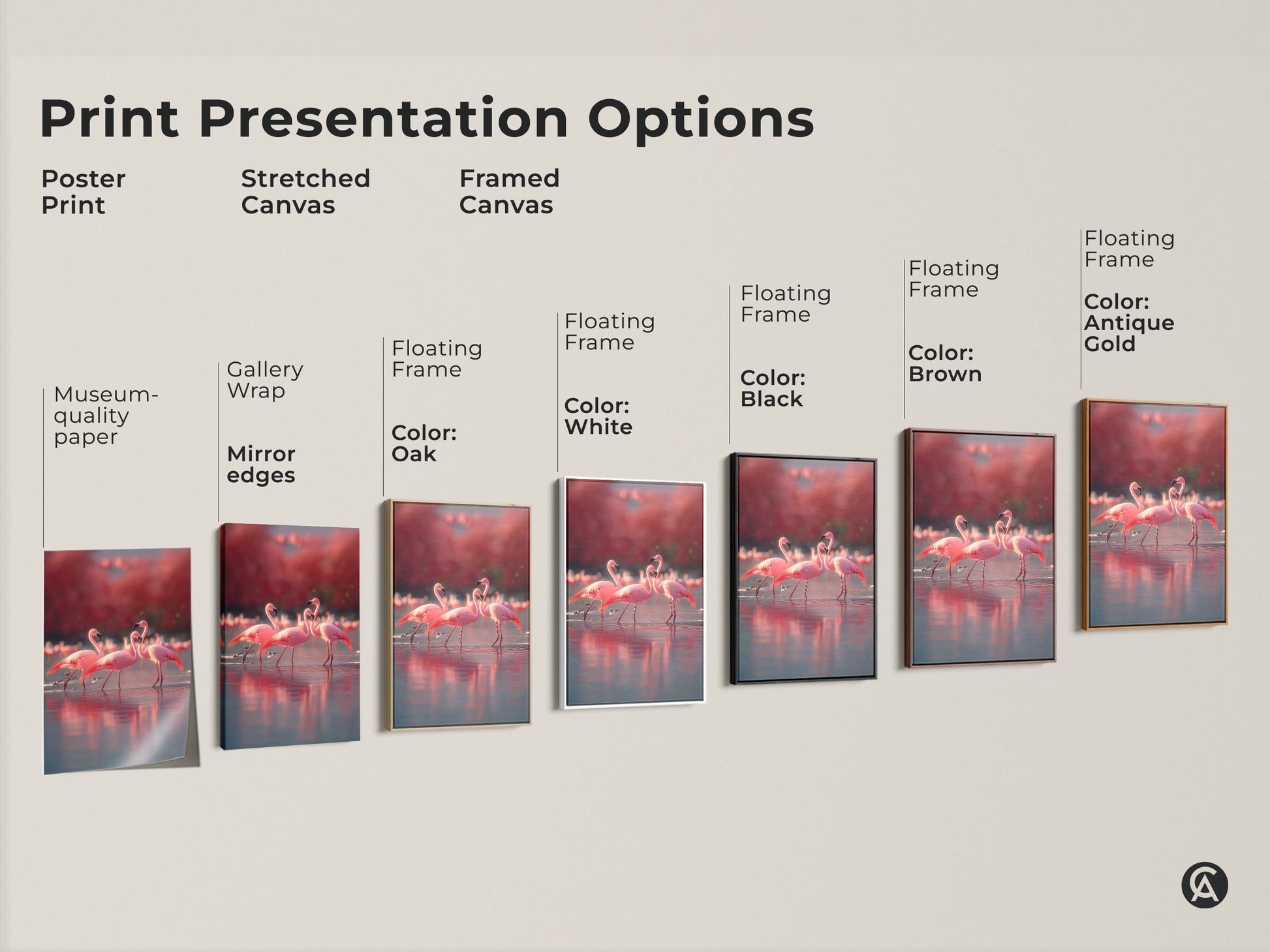 Explore various print presentation options for flamingo artwork. Choose from poster print stretched canvas or framed canvas. Options include museum-quality paper gallery wrap and floating frames. Available in oak white black brown and antique gold. Perfect coastal decor for any room. Enhance your space with nature inspired art.