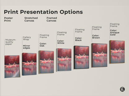 Explore various print presentation options for flamingo artwork. Choose from poster print stretched canvas or framed canvas. Options include museum-quality paper gallery wrap and floating frames. Available in oak white black brown and antique gold. Perfect coastal decor for any room. Enhance your space with nature inspired art.