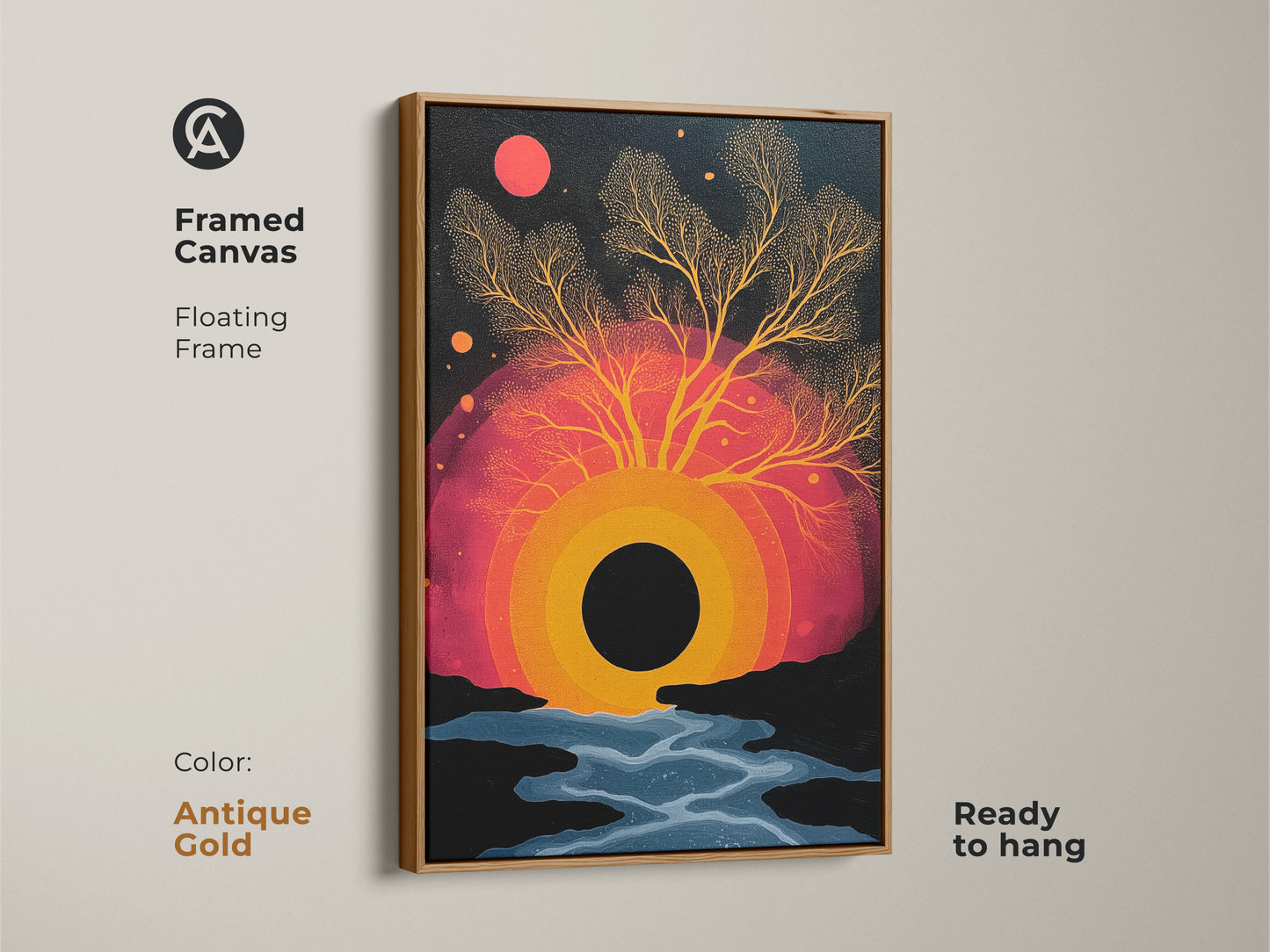 Framed canvas featuring abstract surreal tree artwork. An antique gold floating frame is ready to hang. The frame accents the black orange and red wall art. This piece creates an eclectic bedroom decor. Perfect for nature art lovers seeking a vibrant sunset canvas.