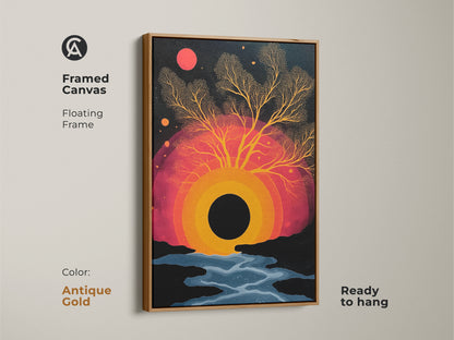 Framed canvas featuring abstract surreal tree artwork. An antique gold floating frame is ready to hang. The frame accents the black orange and red wall art. This piece creates an eclectic bedroom decor. Perfect for nature art lovers seeking a vibrant sunset canvas.