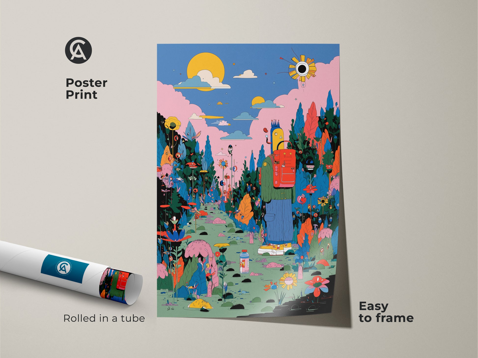 Easy-to-frame poster print showcasing a colorful fantasy landscape. The artwork features a figure with a backpack on a vibrant path. Rolled securely in a tube for protection. Add a touch of whimsy to your decor with this unique poster art. Shop now and frame it your way.