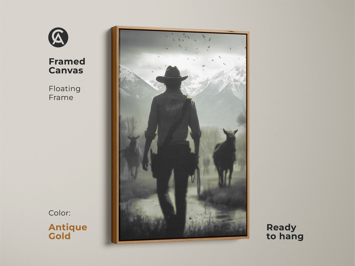 Framed canvas featuring a cowboy and horses in a monochrome western landscape. The antique gold floating frame enhances the rustic wall art perfect for a study room. Ready to hang this horse and rider wall art adds a cinematic feel. This black and white artwork makes a great gift for him or western ranch decor.