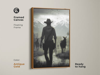 Framed canvas featuring a cowboy and horses in a monochrome western landscape. The antique gold floating frame enhances the rustic wall art perfect for a study room. Ready to hang this horse and rider wall art adds a cinematic feel. This black and white artwork makes a great gift for him or western ranch decor.