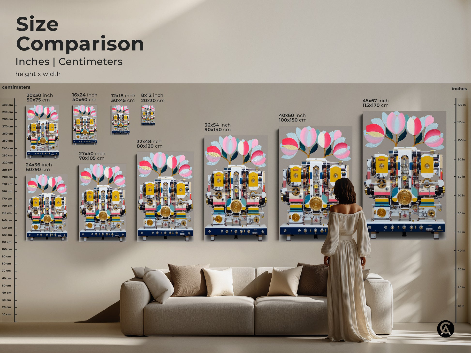 Size comparison showing various dimensions of surreal machine art. The sizes range from 16x24 to 45x67 inches. This provides a visual guide to assist you in selecting the perfect fit for your space. See how these prints complement living room decor enhancing your home with eclectic artwork.