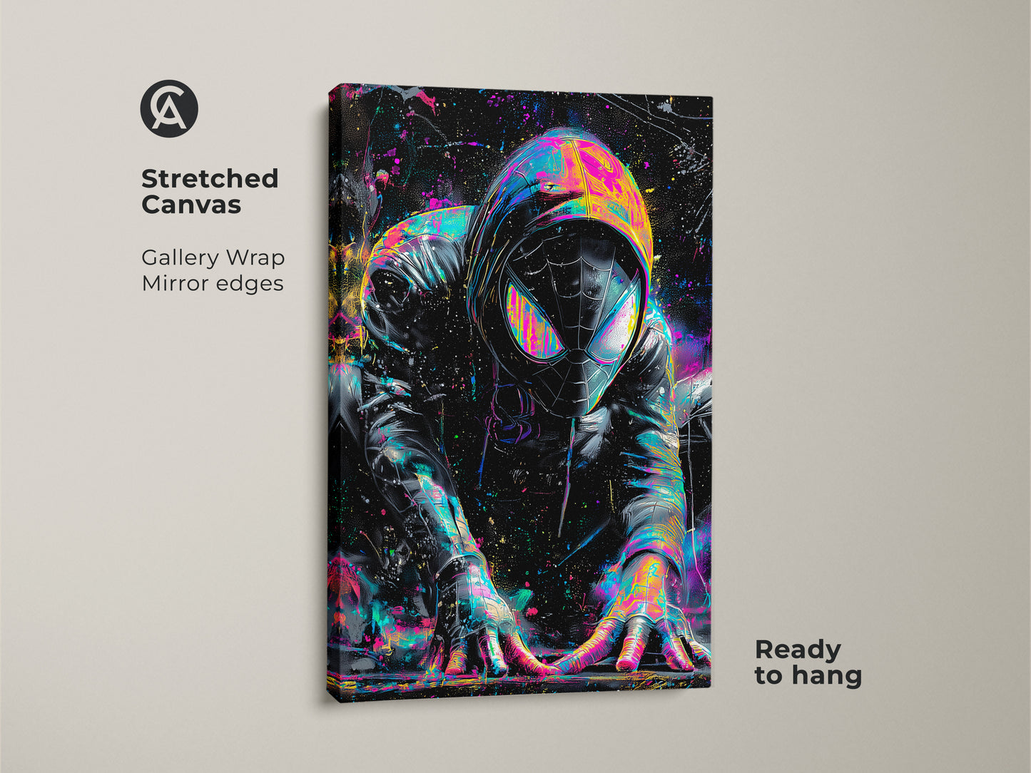 A stretched canvas print of a popular superhero. The gallery wrap features mirror edges and is ready to hang. This colorful artwork is perfect for a kids room or home theater. The canvas adds texture to the art.