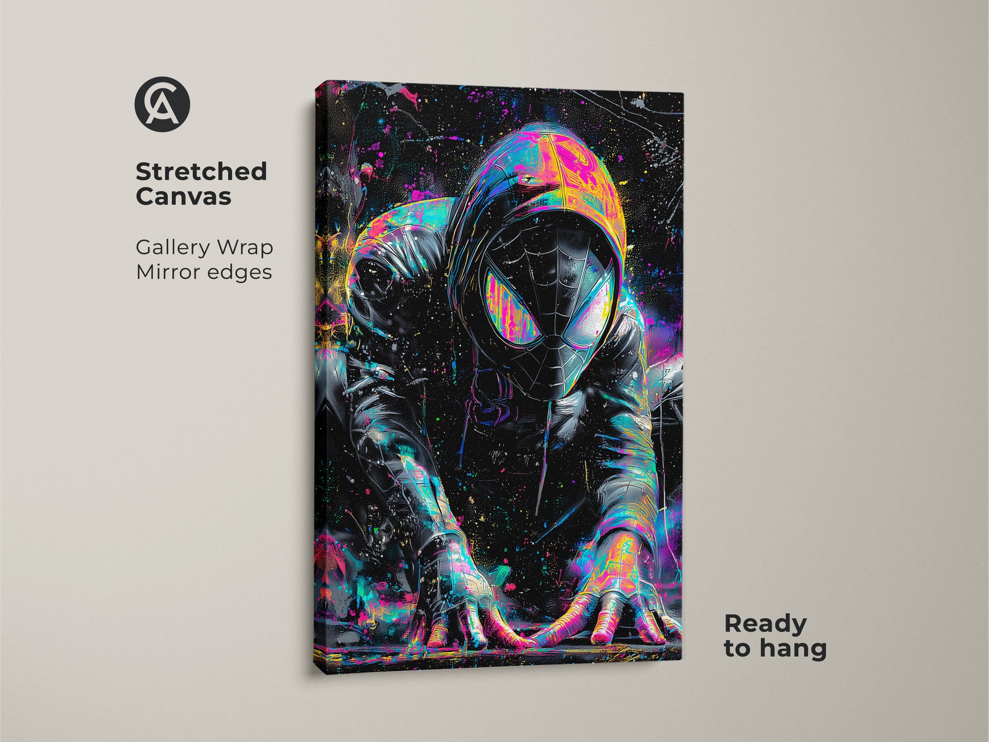 A stretched canvas print of a popular superhero. The gallery wrap features mirror edges and is ready to hang. This colorful artwork is perfect for a kids room or home theater. The canvas adds texture to the art.