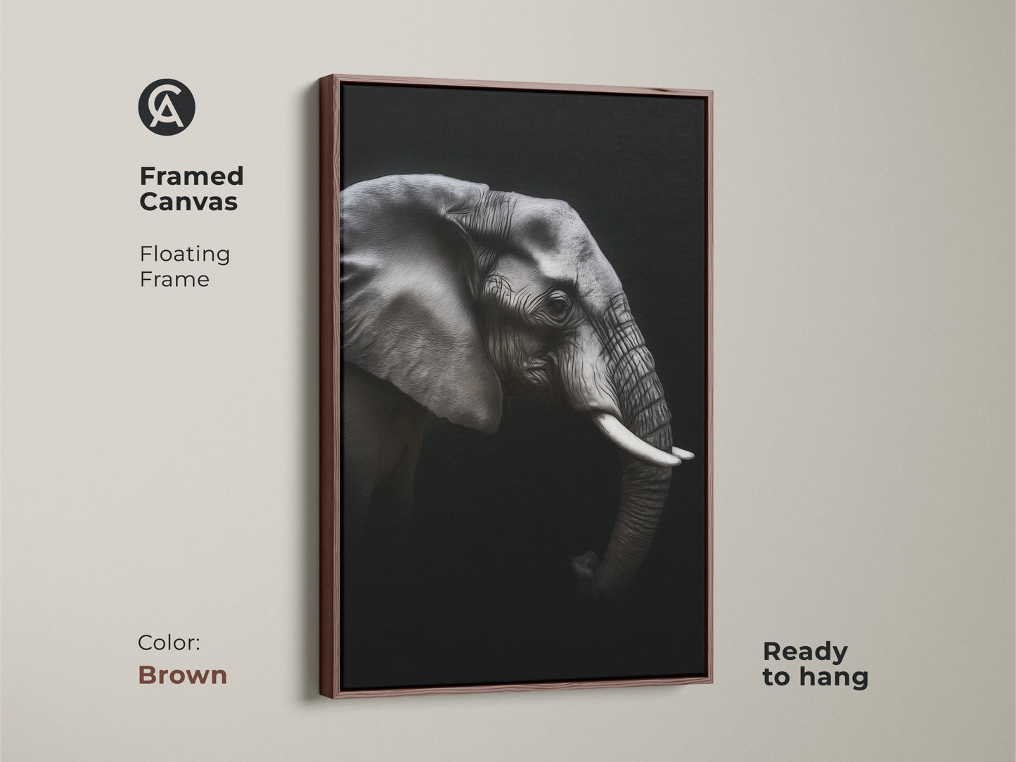 Framed monochrome elephant canvas in a brown floating frame. Ready to hang black and white wildlife artwork adds a contemporary touch. Ideal animal portrait canvas for modern office wall art. This elegant animal print is a perfect gift for wildlife enthusiasts.