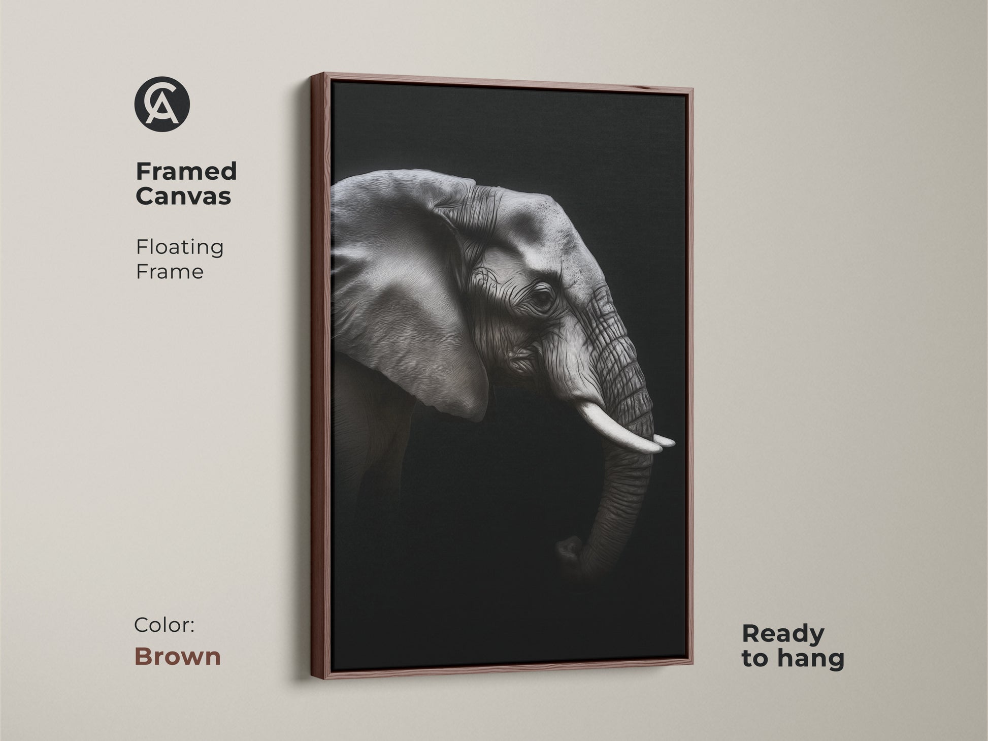Framed monochrome elephant canvas in a brown floating frame. Ready to hang black and white wildlife artwork adds a contemporary touch. Ideal animal portrait canvas for modern office wall art. This elegant animal print is a perfect gift for wildlife enthusiasts.