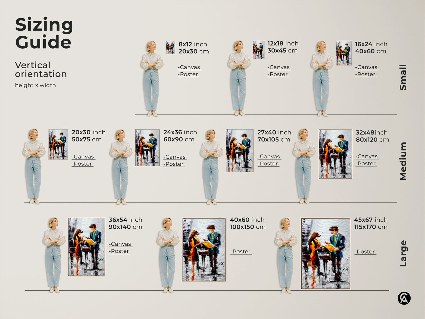 Sizing guide for violin and piano canvas art. See various sizes available for canvas and poster prints. Find the ideal dimensions for your contemporary music artwork.