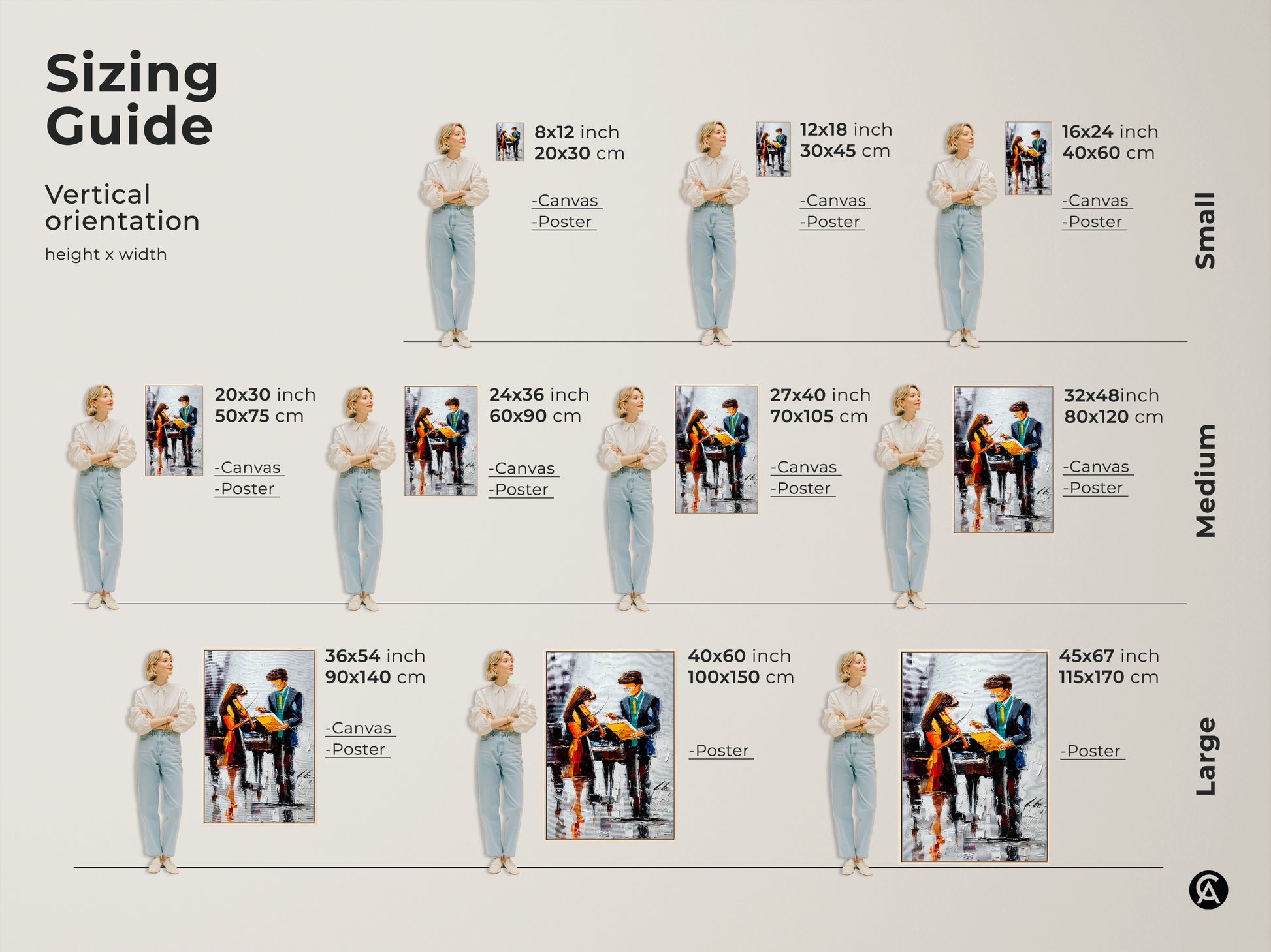 Sizing guide for violin and piano canvas art. See various sizes available for canvas and poster prints. Find the ideal dimensions for your contemporary music artwork.